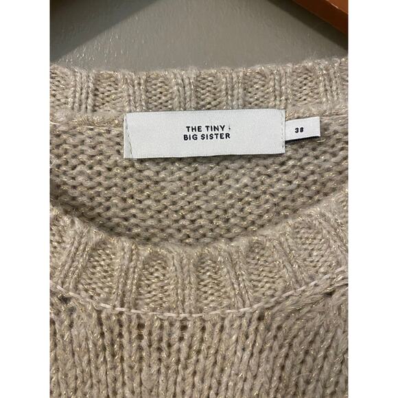 The Tiny Big Sister Crewneck Sweater S/M Cream Beige Glitter Fisherman Cottage - Picture 7 of 10